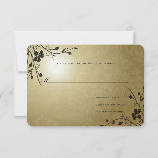 Black Swirls Gold Metallic Damask Wedding RSVP Kaartje (Voorkant)
