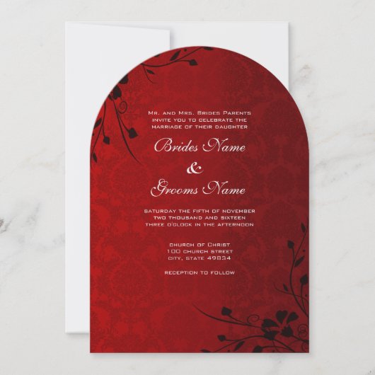 Black Swirls Lighter Red Metallic Damask Wedding Kaart (Voorkant)
