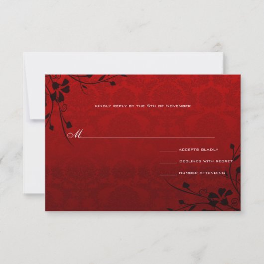 Black Swirls Lighter Red Metallic Damask Wedding RSVP Kaartje (Voorkant)