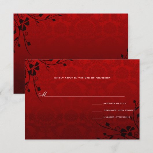 Black Swirls Lighter Red Metallic Damask Wedding RSVP Kaartje (Voorkant / Achterkant)