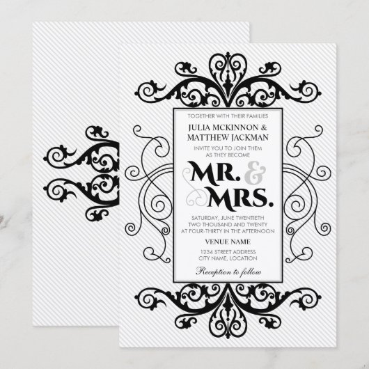 Black Swirls Mr en Mrs Wedding Kaart (Voorkant / Achterkant)