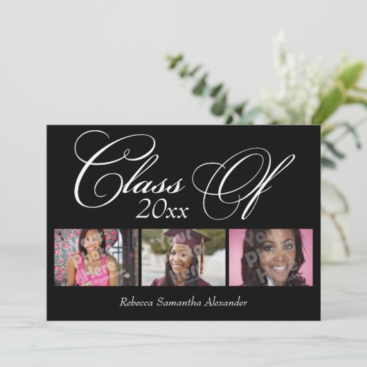 Black Swirly Script 3-Photo-Afstuderen Kaart (Staand voorkant)