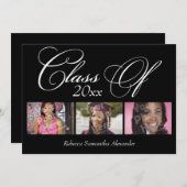 Black Swirly Script 3-Photo-Afstuderen Kaart (Voorkant / Achterkant)