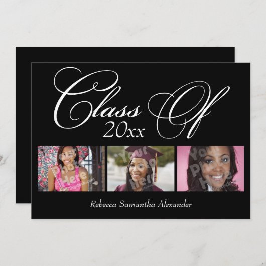 Black Swirly Script 3-Photo-Afstuderen Kaart (Voorkant / Achterkant)