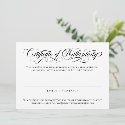 Black Swirly Script Certificaat van echtheid (Staand voorkant)
