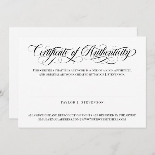 Black Swirly Script Certificaat van echtheid (Voorkant / Achterkant)