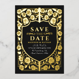 Black Sword Shield Medieval Monogram Bewaar de dat Folie Uitnodiging