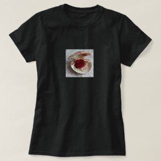 Black T-Shirt with Open Seashell, Rose & Pearl Ele