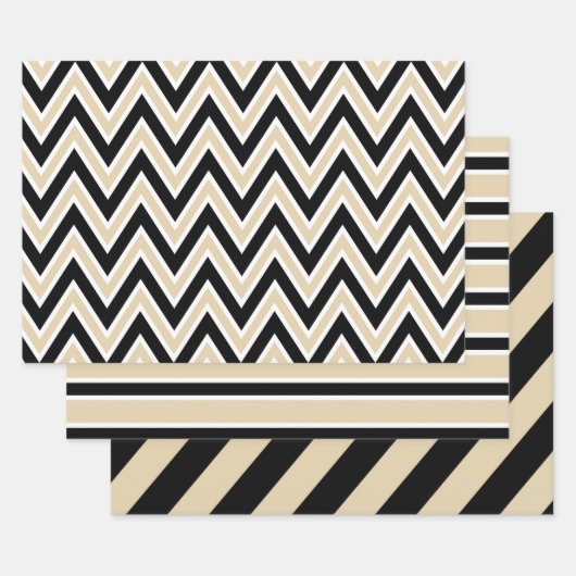 Black, Tan, and White Chevron & Bold Stripe Inpakpapier Vel (Set)