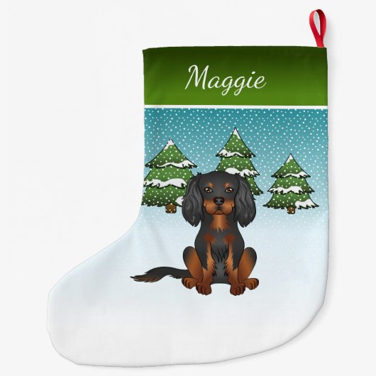 Black Tan Cavalier King Charles Spaniel in Winter Grote Kerstsok (Achterkant)