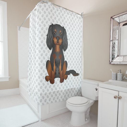 Black & Tan Cavalier King Charles Spaniel & Pooten Douchegordijn (In situ)