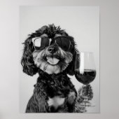 Black & Tan Cavapoo Drinking Wine Wall Art, Black Poster (Voorkant)