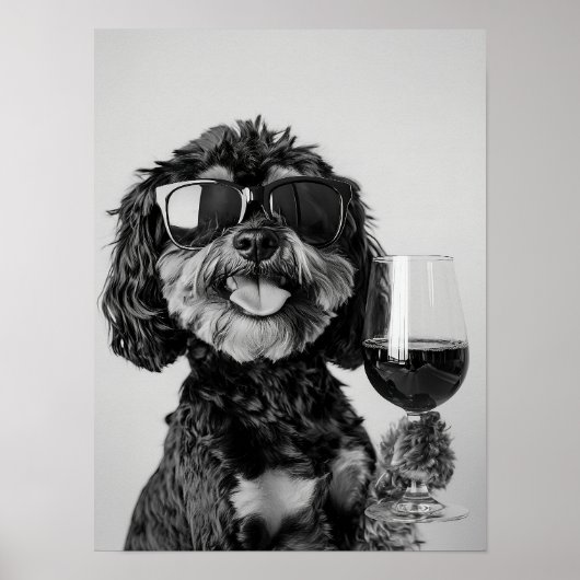 Black & Tan Cavapoo Drinking Wine Wall Art, Black  Poster (Voorkant)