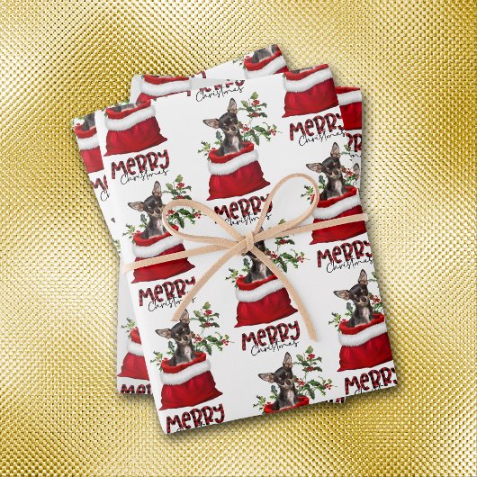 Black Tan Chihuahua Dog in Holiday Gift Bag Inpakpapier Vel