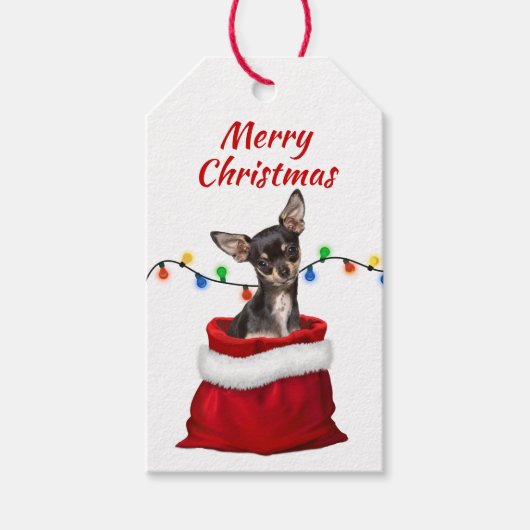 Black Tan Chihuahua Dog in Santa Bag Cadeaulabel (Voorkant)