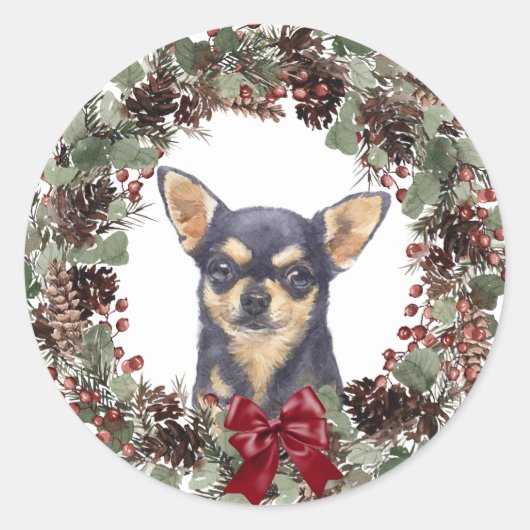 Black Tan Chihuahua Pinecone Wreater Kerstmis Ronde Sticker (Voorkant)
