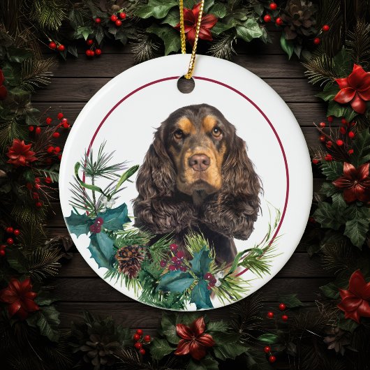 Black Tan Cocker Spaniel Evergreen Berry Wreath Keramisch Ornament