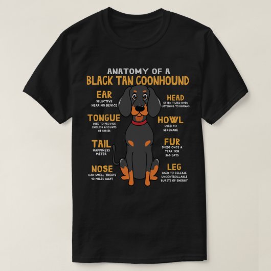 Black Tan Coonhound Anatomy Funny Dog mam T-shirt (Design voorkant)
