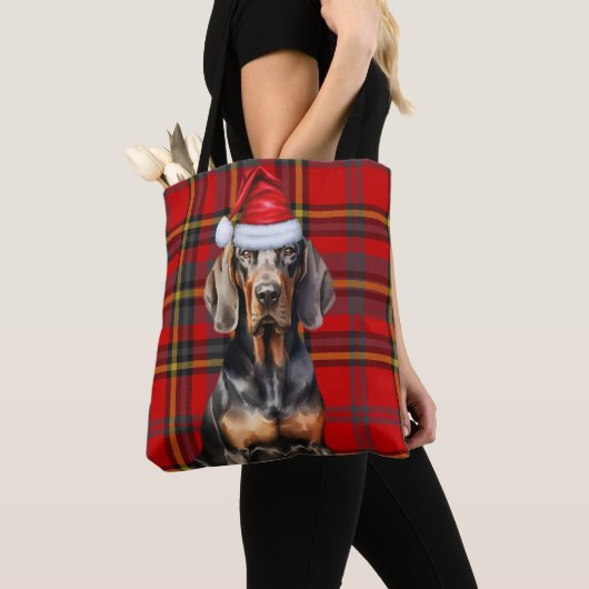 Black Tan Coonhound Christmas Dog Seasonal Plaid Tote Bag (Dichtbij)