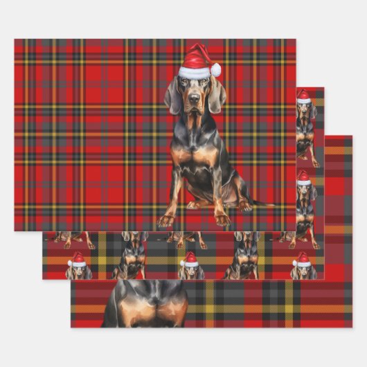 Black Tan Coonhound Kersthond Vakantie Plaid Inpakpapier Vel (Set)