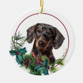 Black Tan Dachshund Dog Evergreen Berry Wreath Keramisch Ornament (Voorkant)
