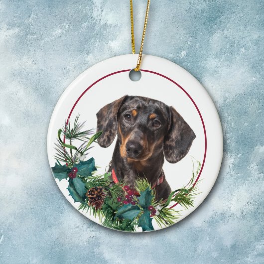 Black Tan Dachshund Dog Evergreen Berry Wreath Keramisch Ornament