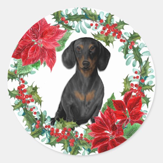 Black Tan Dachshund Poinsettia Holiday Wreath Ronde Sticker (Voorkant)