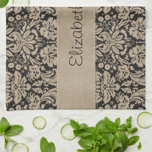 Black Tan Damask Stitched Vellum Theedoek (Gevouwen)