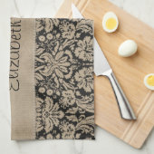 Black Tan Damask Stitched Vellum Theedoek (Quarter Fold)