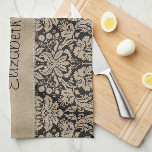 Black Tan Damask Stitched Vellum Theedoek (Quarter Fold)