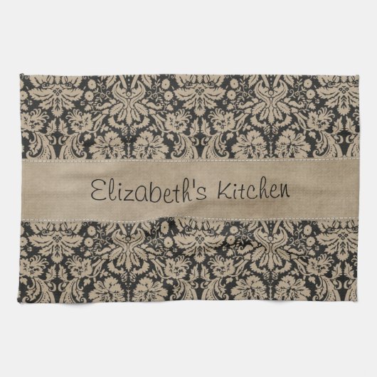Black Tan Damask Stitched Vellum Theedoek (Horizontaal)