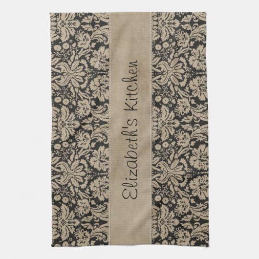 Black Tan Damask Stitched Vellum Theedoek (Verticaal)