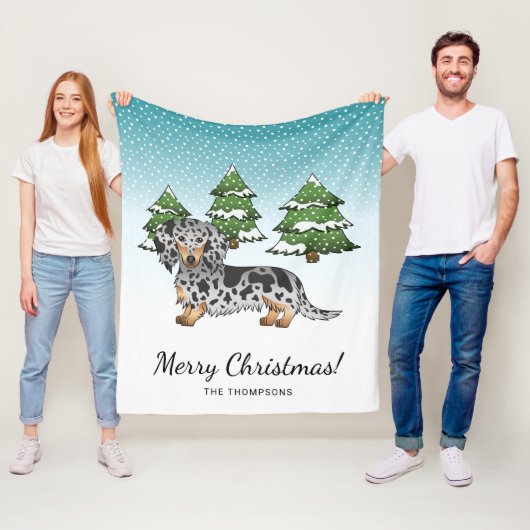 Black & Tan Dapple Long Hair Dachshund in Winter Fleece Deken (In situ)