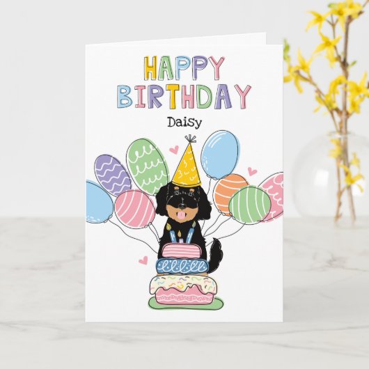 Black Tan Goldendoodle Dog Happy Birthday Kaart (Gele Bloem)