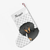 Black & Tan Long Hair Dachshund Cartoon Dog Head Kleine Kerstsok (Achterkant (Hangend))