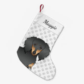 Black & Tan Long Hair Dachshund Cartoon Dog Head Kleine Kerstsok (Voorkant (Hangend))