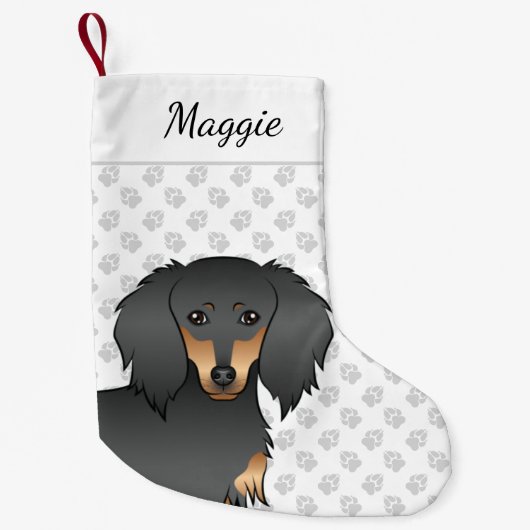 Black & Tan Long Hair Dachshund Cartoon Dog Head Kleine Kerstsok (Voorkant)