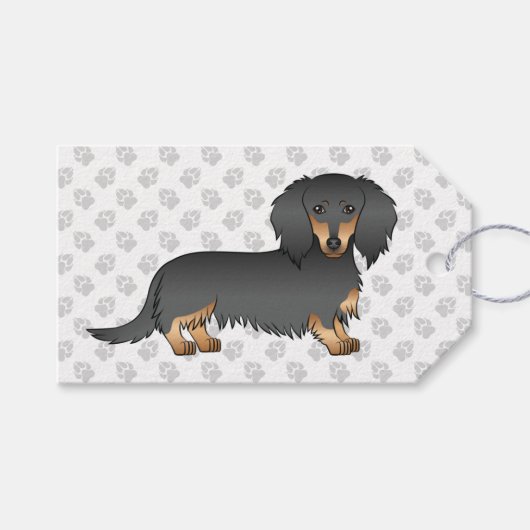 Black & Tan Long Hair Dachshund Cartoon Dog & Paws Cadeaulabel (Voorkant (Horizontaal))