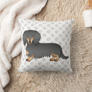 Black & Tan Long Hair Dachshund Cartoon Dog & Paws Kussen