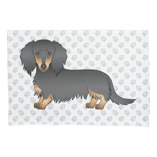 Black & Tan Long Hair Dachshund Cartoon Dog & Paws Kussensloop (Voorkant-Links)