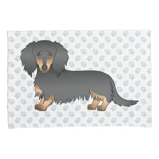 Black & Tan Long Hair Dachshund Cartoon Dog & Paws Kussensloop (Voorkant-Rechts)
