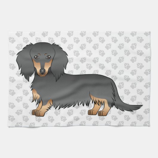 Black & Tan Long Hair Dachshund Cartoon Dog & Paws Theedoek (Horizontaal)