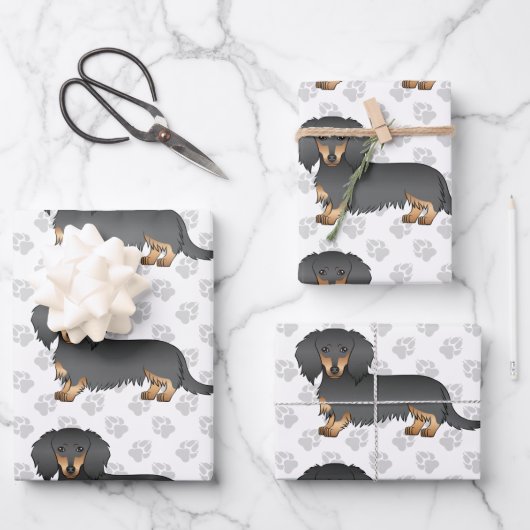Black & Tan Long Hair Dachshund Cute Dog Patroon Inpakpapier Vel (Voorkant)
