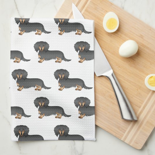 Black & Tan Long Hair Dachshund Cute Dog Patroon Theedoek (Quarter Fold)