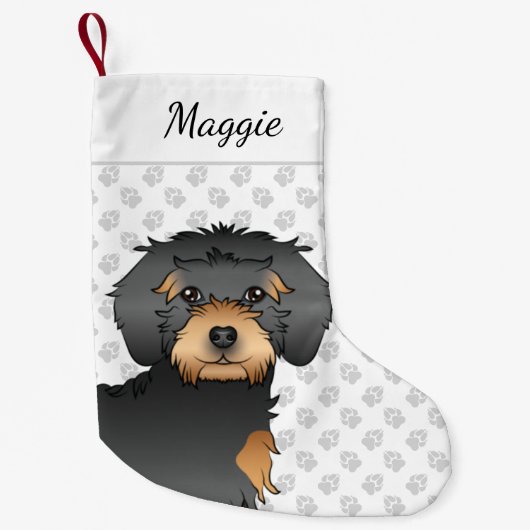 Black & Tan Mini Goldendoodle Mopshoofd & Naam Kleine Kerstsok (Voorkant)