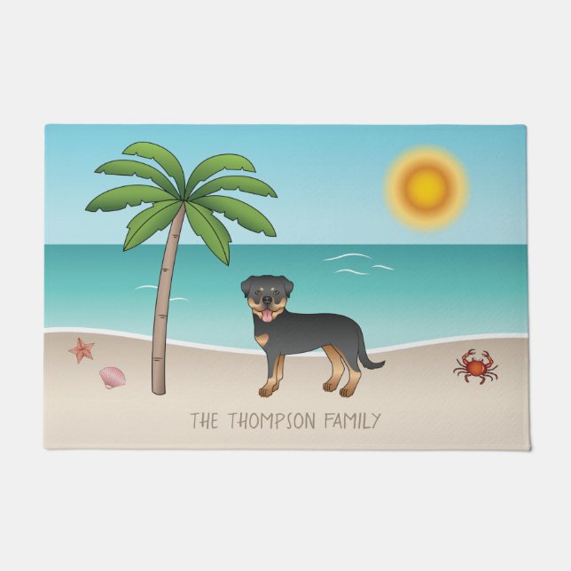 Black & Tan-rottweiler op een tropisch zomerstrand Deurmat (Voorkant)