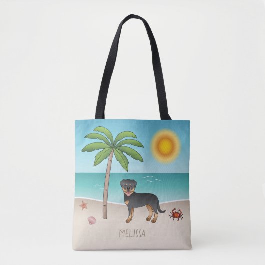 Black & Tan-rottweiler op een tropisch zomerstrand Tote Bag (Voorkant)