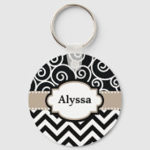 Black Tan Swirls Chevron Personalized Sleutelhanger (Voorkant)