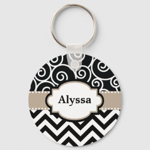 Black Tan Swirls Chevron Personalized Sleutelhanger