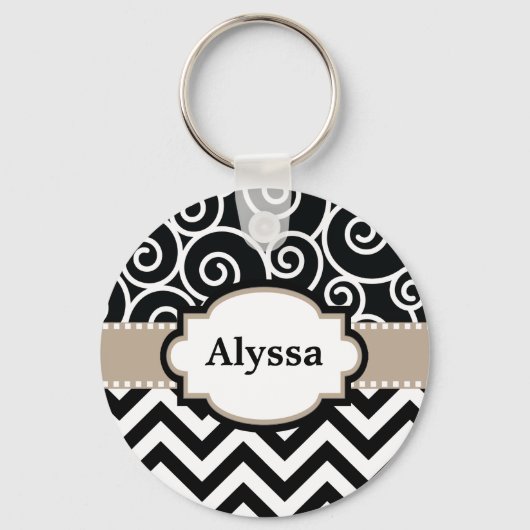 Black Tan Swirls Chevron Personalized Sleutelhanger (Voorkant)